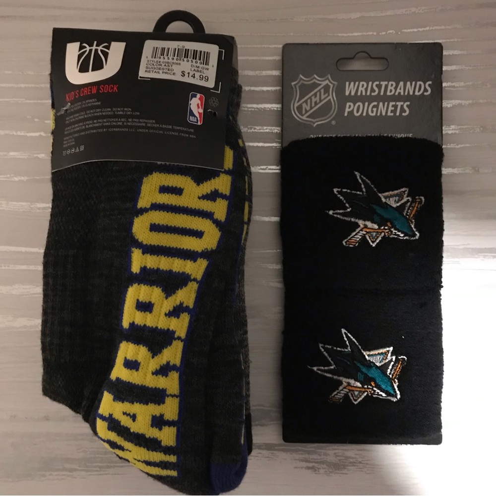 NBA Golden State Warriors Crew Socks, NHL San Jose Sharks Wrist Sweatbands.